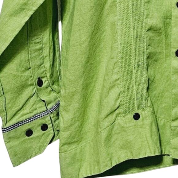 Marsotto Button-Up Top Men's Size L Long Sleeve Green Pleated Black Plaid Trim - Picture 3 of 7